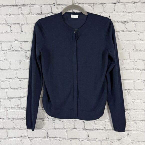 Akris Punto Cardigan Lightweight Wool Sweater Womens 4 Navy Blue Snap Buttons - Picture 1 of 11